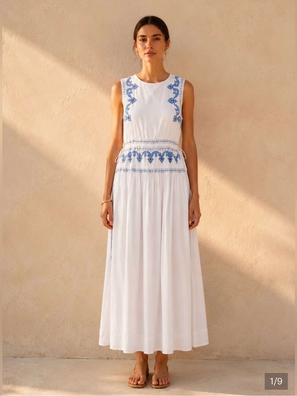 Zara White Maxi Dress with Blue Embroidery